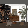 Accent Chair with Wooden Dresser Table Lamp Potted Plant and Decorative Pillow in Cozy Room