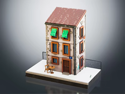 Cartoon Style House Scene With Red Roof Green Awnings Windows Front Table Chair And Fence 3d model