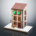 Cartoon Style House Scene With Red Roof Green Awnings Windows Front Table Chair And Fence