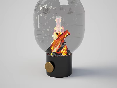 Transparent Glass Globe Stove With Burning Flames Wood Logs Black Base And Gold Knob 3d model