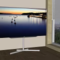 Curved Television With Metal Stand Showing Scenic Water View And City Background