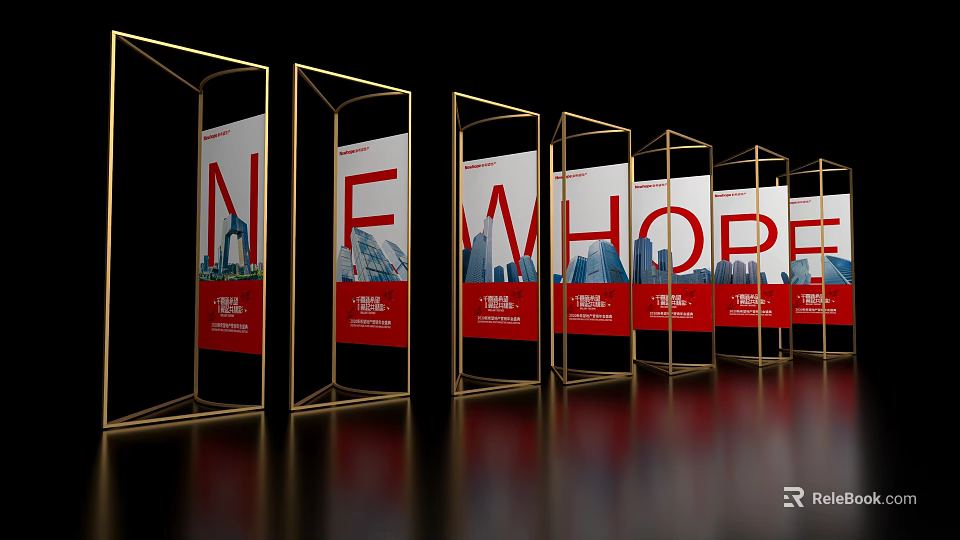 New Hope Red Banners with Golden Frames and City Skyline Design 3d model 