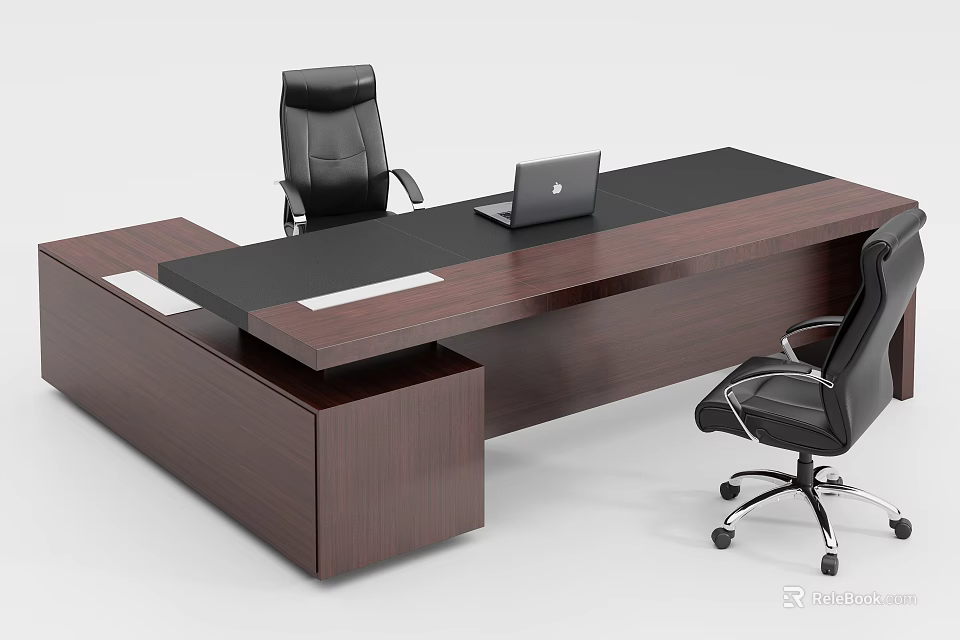 Dark Wooden Office Desk With Black Top Laptop And Ergonomic Office Chairs 3d model 