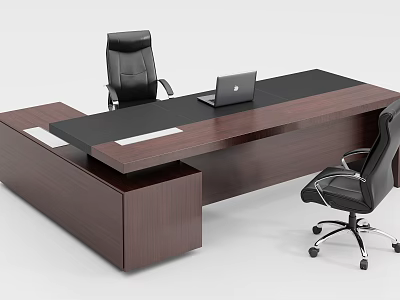 Dark Wooden Office Desk With Black Top Laptop And Ergonomic Office Chairs 3d model