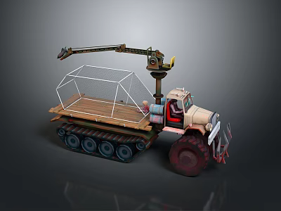 Tracked Utility Vehicle With Crane Arm Metal Cage Wooden Platform And Red Driver Seat 3d model