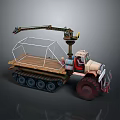 Tracked Utility Vehicle With Crane Arm Metal Cage Wooden Platform And Red Driver Seat