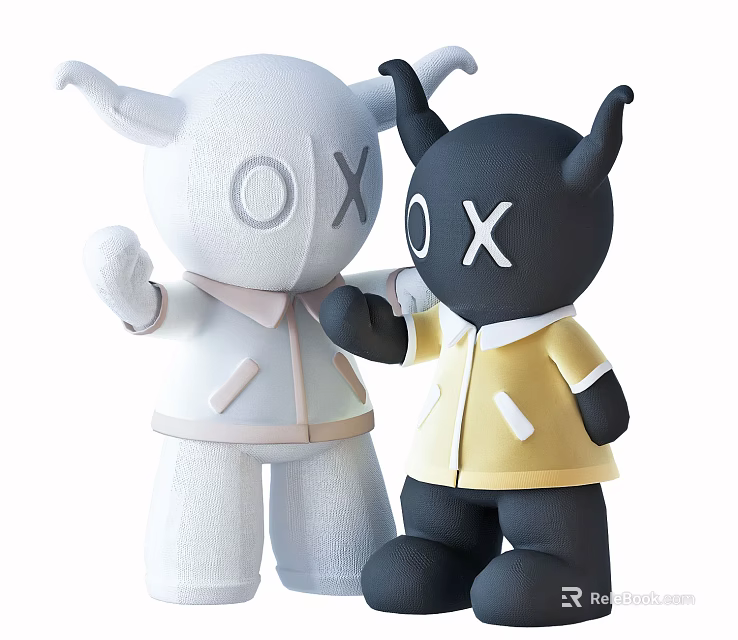 Cute Plush Dolls White And Black With Horns X Shaped Eyes Hugging In Yellow Shirt 3d model 