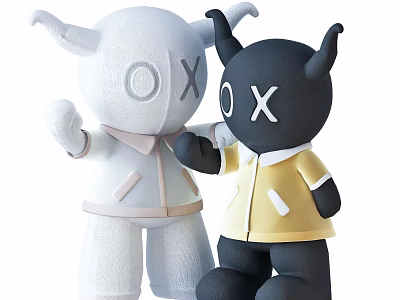 Cute Plush Dolls White And Black With Horns X Shaped Eyes Hugging In Yellow Shirt 3d model