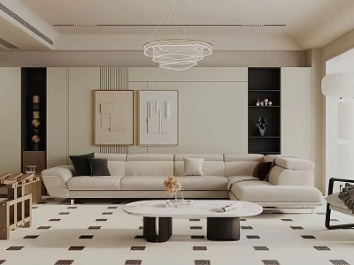 Modern Living Room Interior With Beige Sectional Sofa Decorative Paintings And Pendant Light 3d model
