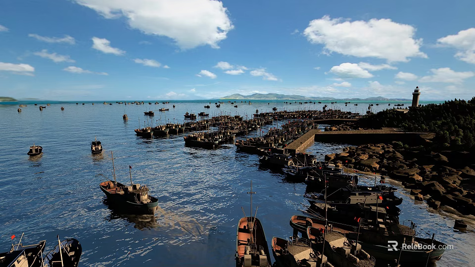 Charming Coastal Fishing Harbor With Countless Moored Boats Under Bright Blue Sky Over Calm Sea 3d model 
