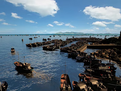 Charming Coastal Fishing Harbor With Countless Moored Boats Under Bright Blue Sky Over Calm Sea 3d model