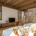 Hotel Guest Room Interior With Two Beds Wooden Ceiling Flooring And Decorative Painting