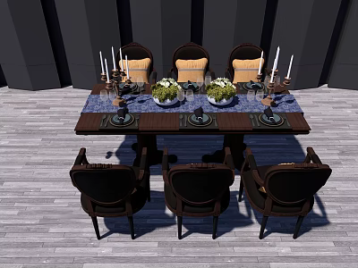 Elegant Dining Table Set With Six Chairs Floral Centerpieces And Candles 3d model