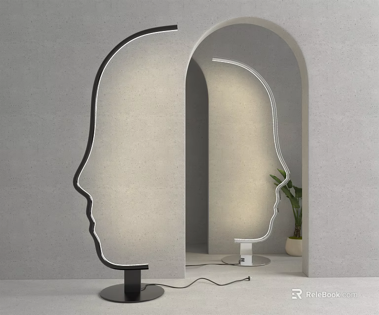 Modern Human Face Silhouette Floor Lamp In Gray Wall Setting With Arched Doorway Green Plant 3d model 
