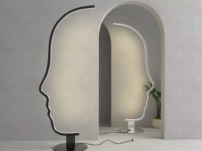 Modern Human Face Silhouette Floor Lamp In Gray Wall Setting With Arched Doorway Green Plant 3d model