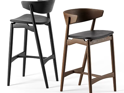 Modern Wooden Bar Stools With Leather Seats Backrest Black And Brown Set 3d model