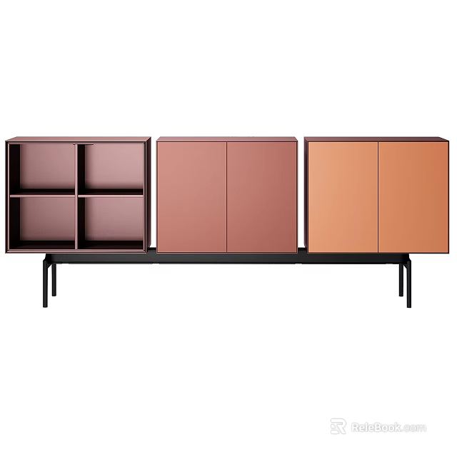 Modern Minimalist Sideboard With Open Shelves Brown And Orange Doors And Black Metal Legs 3d model 