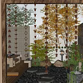 Tranquil Garden Landscape With Copper Chains Stepping Stones Yellow Leaf Trees And Circular Hole Wall