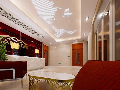 Elegant Hotel Lobby Interior With Reception Desk Sofa Marble Coffee Table And Ceiling Lighting 3d model