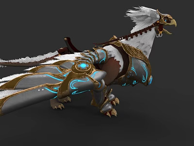 Mythical Flying Eagle With White Feathers Golden Armor And Blue Glowing Patterns 3d model