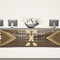 Modern Reception Desk With Gold Grid Structure And Computer Monitors Decorated By White Vase And Branches