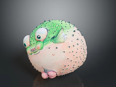 Cute Round Pufferfish With Green Back Spiky Texture Big Eyes And Pink Belly 3d model