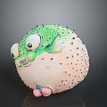 Cute Round Pufferfish With Green Back Spiky Texture Big Eyes And Pink Belly