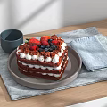 Layered Red Velvet Cake with Cream Frosting Fresh Berries on Gray Plate and Wooden Table