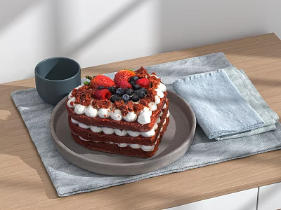 Layered Red Velvet Cake with Cream Frosting Fresh Berries on Gray Plate and Wooden Table 3d model