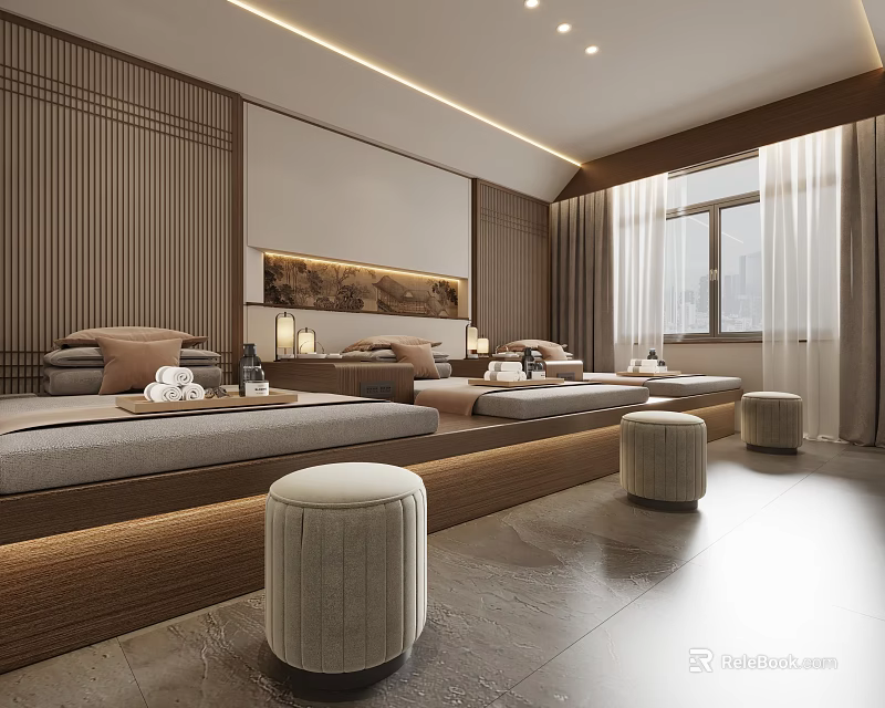 Tranquil Spa Room With Beds Stools Art And Soft Lighting 3d model
