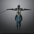 Woman With Bald Head In Blue And Gold Patterned Outfit Holding Sword With Arms Outstretched