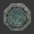 Two Tiered Stone Fountain With Green Upper Basin And Octagonal Carved Base
