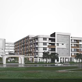 Modern School Building Architectural Design With Green Lawn Trees And Roads