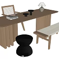 Quiet Style Desk and Chair Combination Rectangular Desk Single Chair Bench Round Stool 3d model