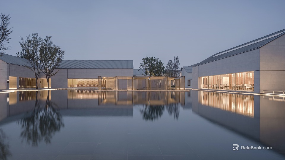 Modern Boutique Hotel Building Exterior With Pool Reflection And Evening Lighting 3d model 