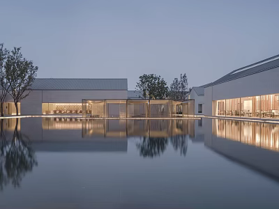 Modern Boutique Hotel Building Exterior With Pool Reflection And Evening Lighting 3d model
