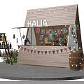 HALIA Wooden Stall Decorated With String Lights Bunting Flags Wine Barrels And Flowers
