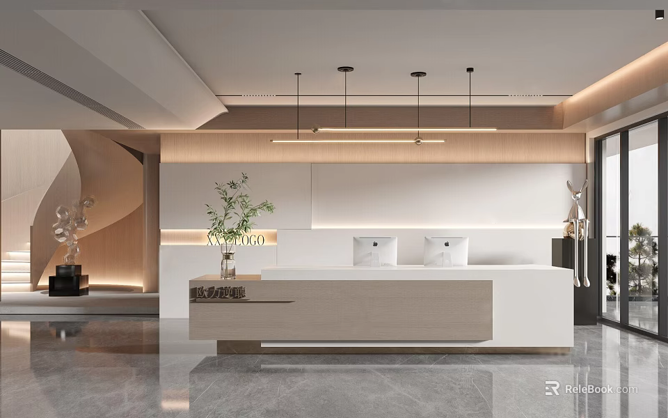 Modern Elegant Lobby Reception Desk Design With White Counter Green Plant And Pendant Lights 3d model 