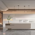 Modern Elegant Lobby Reception Desk Design With White Counter Green Plant And Pendant Lights