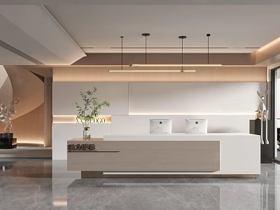 Modern Elegant Lobby Reception Desk Design With White Counter Green Plant And Pendant Lights 3d model