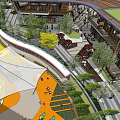 Modern Commercial Street With High Rise Buildings Children Playing Orange Ground And Green Plants