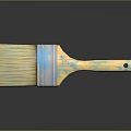 Wooden Handle Paint Brush With Blue Paint Stains And Synthetic Bristles
