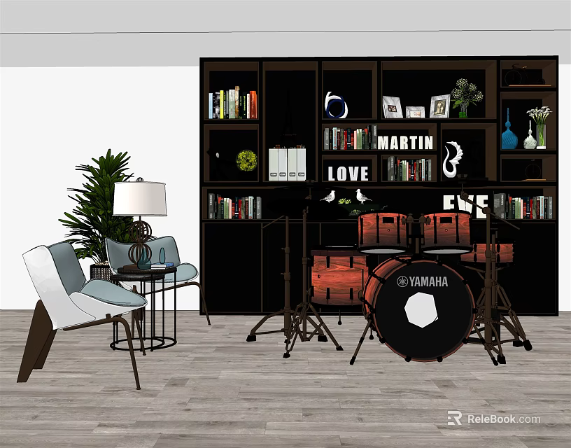 Instrument and Art Supplies Display in Room with Bookshelf Yamaha Drum Set and Potted Plant 3d model 