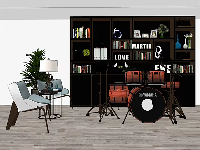 Instrument and Art Supplies Display in Room with Bookshelf Yamaha Drum Set and Potted Plant 3d model