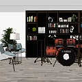 Instrument and Art Supplies Display in Room with Bookshelf Yamaha Drum Set and Potted Plant