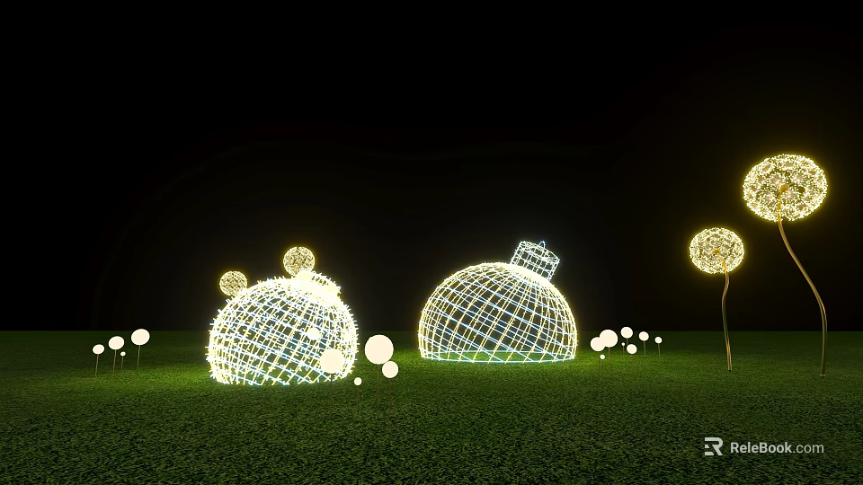Illuminated Spherical Art Installation With Various Sizes On Green Grass Field 3d model 