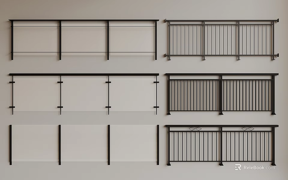 Various Modern Railings Designs Featuring Glass Panels And Metal Vertical Bars 3d model 