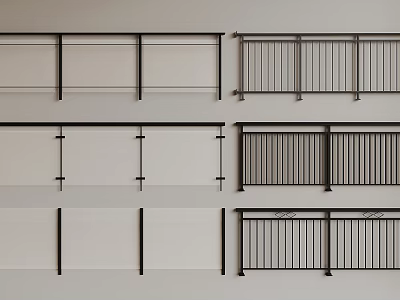 Various Modern Railings Designs Featuring Glass Panels And Metal Vertical Bars 3d model