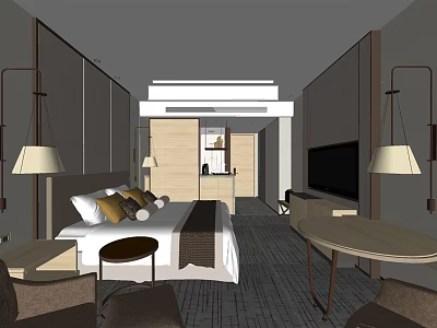 Modern Hotel Guest Room With Bed Nightstand Table Lamp TV And Comfortable Seating 3d model