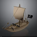 Detailed Wooden Pirate Ship Model With White Sail Jolly Roger Flag And Cannons